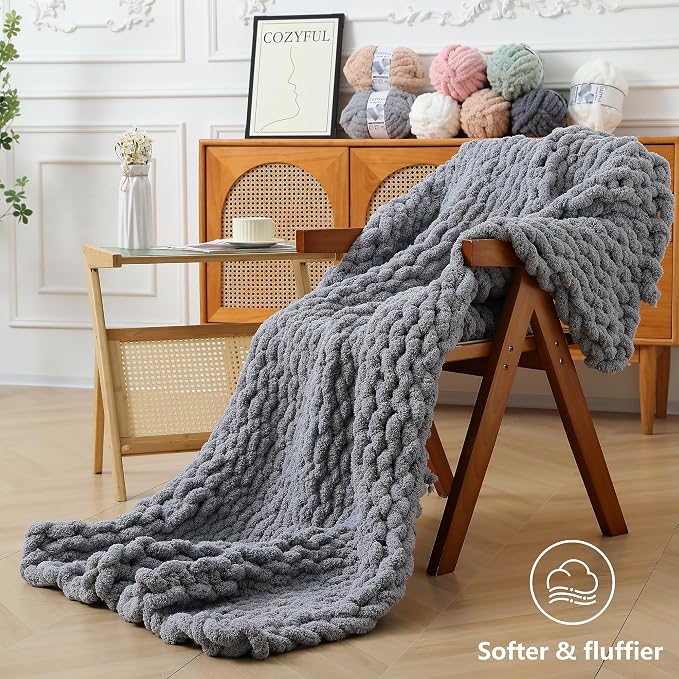 Cozyful Chunky Yarn for Hand Knitting - #10 Chunky Chenille Yarn, Jumbo Big Thick Chunky Yarns for Crocheting, Super Bulky Chunky Knit Blanket Yarns, 8 Skein (22 yds 8 oz Each Skein), Light Grey