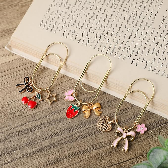Cute Metal Bookmark Gifts - 3 PCs Charm Cherry Strawberry Bow Paperclip Book Mark Unique Large Aesthetic Page Marker Planner Paper Clip Reading Lover Women Kids Bookish School Accessories