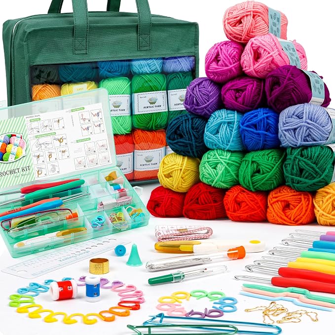 INSCRAFT Crochet Yarn Kit for Beginners Adults and Kids, Includes 1650 Yards 30 Colors Acrylic Skeins, User Manual, Hooks, Dark Grass Bag etc, Make Amigurumi & Projects, Starter Set for Professionals
