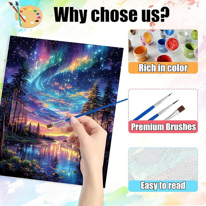 Yunruily 3 Pack Paint by Number Adult - Aurora Adult Paint Numbers,Aurora Painting by Numbers Kit for Adults for Gifts Home Wall Decor 12x16 Inch
