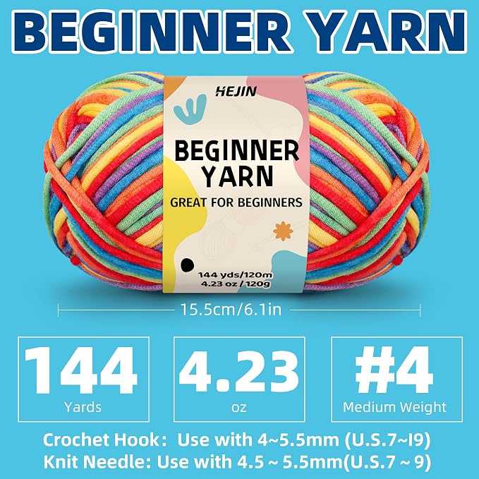 120g Rainbow Color Yarn for Crocheting and Knitting; Rainbow Yarn for Beginners with Easy-to-See Stitches;Worsted-Weight Medium #4;Yarn for Beginners Crochet Kit Making