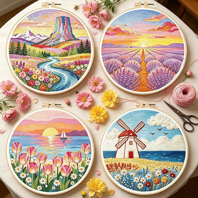 BEUNITONE 4 Set Embroidery Kits for Beginners, Pink Scenery Design with Pre-Stamped Pattern Craft Kits Include Instruction and Hoops, 7.9"x7.9" Needlepoint Kits for Festival Gifts and Home Decor