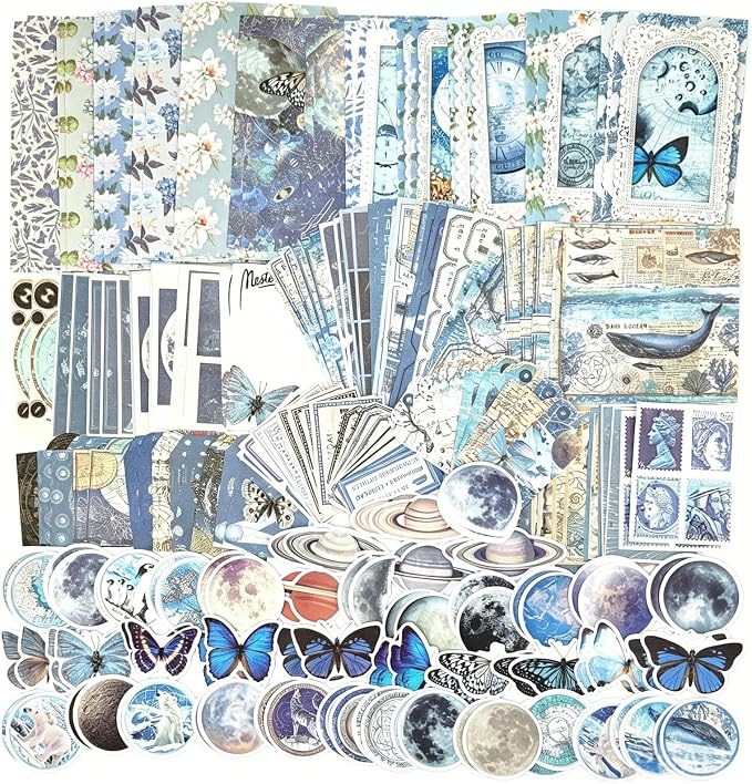 Esweny 200PCS Vintage Scrapbooking Supplies Pack, Aesthetic Scrapbook Sticker Paper Art Journaling Kit for Junk Journals,Planner,Cottagecore Decor Gifts (Blue Series)