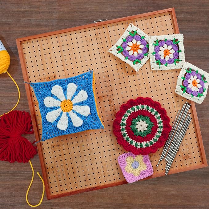 HHSarioneiro 15.6" Crochet Blocking Board with 16 Pins/Pegs, Blocking Boards for Crochet Projects, Wooden Crocheting Accessories Gifts for Crocheters