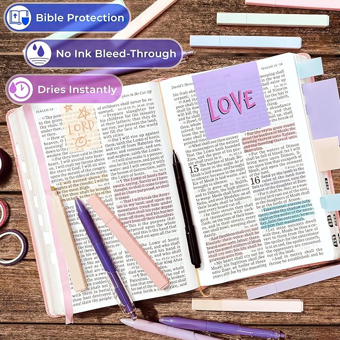 48 Pcs Bible Study Supplies for Women, Bible Journaling Kit Includes Bible Pencil Case, Tags, Pens, Highlighters, 4 Color Clear Sticky Notes, Notebook, 15 Clips, 4 Rolls of Washi Tape & More (Purple Bag)