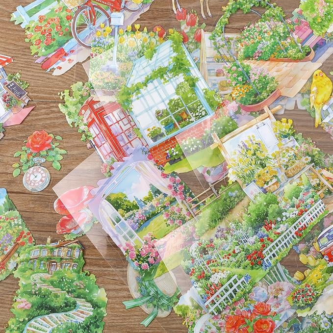 Spring Garden Stickers 20 Sheets 150 Pre-Cut PET Journal Sticker Book for Scrapbooking Landscape Stickers Transparent Sticker for journaling