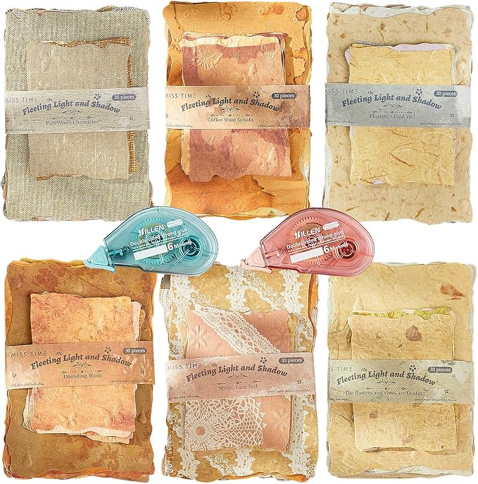 Flartmo 180 Sheets Embossed Textured Scrapbook Paper with 2 Double Sided Tapes, 6 Packs Scrapbook Supplies Kit for Scrapbooking, Junk Journal, Card Making Supplies, Planner, Collage