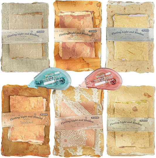 Flartmo 180 Sheets Embossed Textured Scrapbook Paper with 2 Double Sided Tapes, 6 Packs Scrapbook Supplies Kit for Scrapbooking, Junk Journal, Card Making Supplies, Planner, Collage