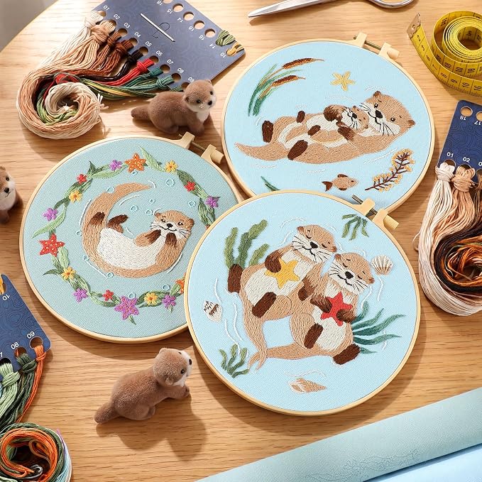 Mindsoft 3 Set Needlepoint Kit for Beginners with Hoop,Otter | Bamboo Hoop Thread Needles Instructions, Easy Hand Embroidery for Beginners Home Crafts,Pre-stamped Funny Cute Designs