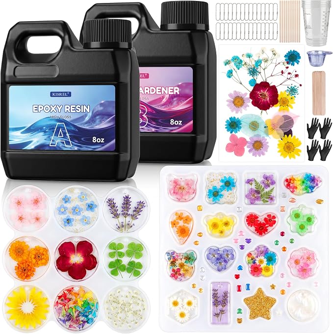 KISREL Epoxy Resin Kit 16OZ with Keychain Earring Molds, Tools for Beginner | 25-Cavity Clear Epoxy Resin with Silicone Earring Molds Ideal for Making keychains, Craft Works