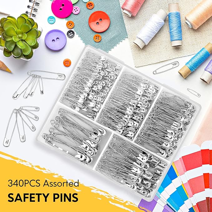 Huhuhero 340 Pack Silver Safety Pins Assorted, 5 Different Sizes Pin Bulk