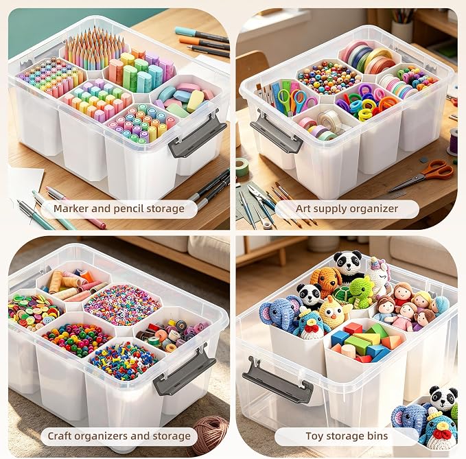 Citylife 17QT Craft Organizers and Storage bins with Lids, Marker Organizer | Clear Plastic, Art Supply Organizer for Markers, Crayons and Crafts, 6 Detachable Inserts, Versatile Stackable, No Assembly