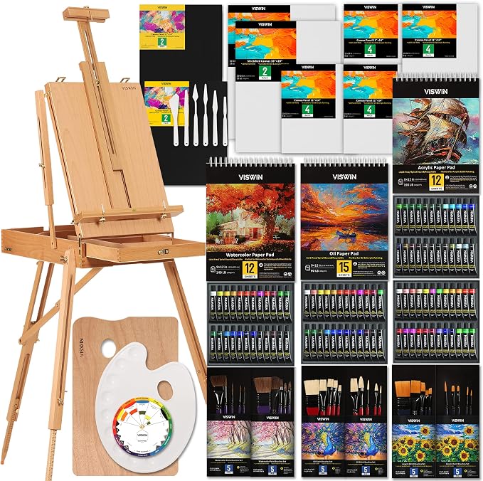 VISWIN Professional All-in-One Art Painting Kit with Beech Wood French Easel, 96 Acrylic, Watercolor & Oil Paint Set, Canvases, Painting Set with Supplies for Adults, Artists, Beginners