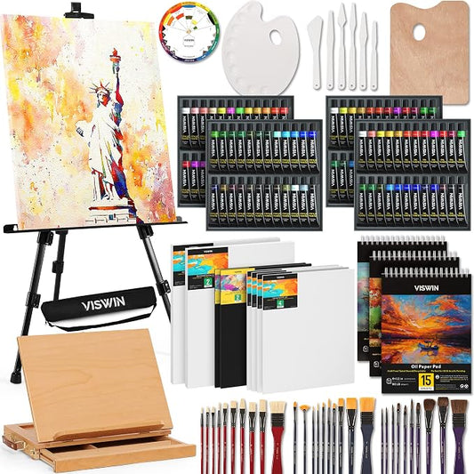 VISWIN Professional All-in-One Art Painting Kit with Aluminum & Beech Wood Easel, 96 Acrylic, Watercolor & Oil Paint Set, Canvas, Painting Set with Complete Art Supplies for Adult, Artist, Beginner