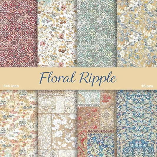 PRSTINCOL Scrapbook Paper,16 Sheets 6 x 6 Inch Floral Ripple Style Scrapbook Supplies,Single-Sided Vivid Origami Decoupage Paper for DIY Crafts, Card Making, Art Journaling