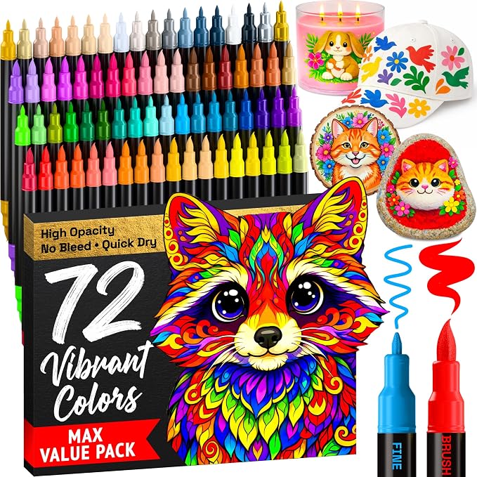 ARTISTRO 72 Dual-Tip Acrylic Paint Marker Pens for Drawing | For Fabric, Rock, Glass, Wood, & Molds, Arts & Crafts Gift for Adults, Teens, & Kids, Classroom Must Haves & School Supplies