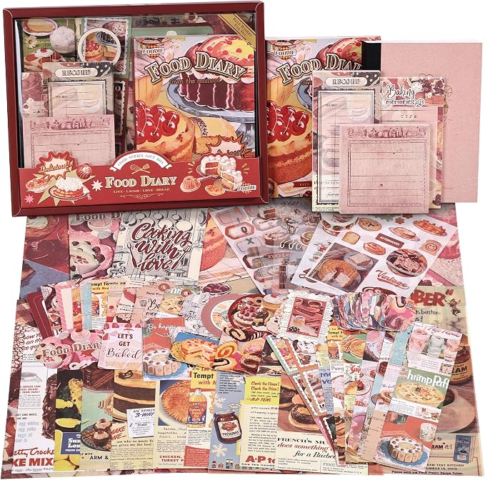 Scrapbooking Supplies Kit, Vintage Culinary Aesthetic Scrapbook Kit for Bullet Junk Journal, Gourmet DIY Journaling Supplies with Recipe, Dessert, Kitchen, Cafe Elements, Unique Gift for Teens & Women
