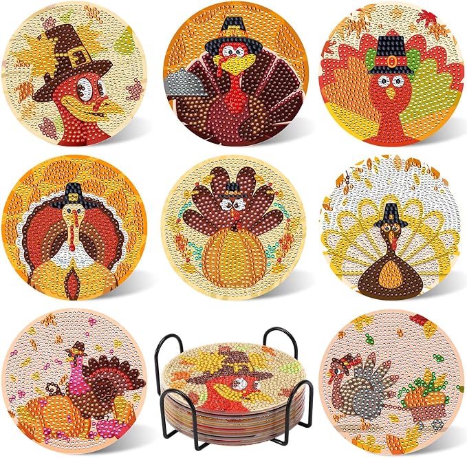 UPINS 8Pcs Fall Diamond Art Coasters with Holder | Thanksgiving Diamond Turkey Art Coasters Kits, for Adults Kids Beginners Diamond Craft Supplies