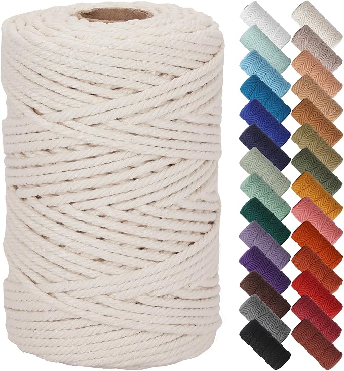 NOANTA Natural Macrame Cord 6mm x 109Yards, Beige Cotton Rope Macrame Yarn | Macrame Rope Supplies, 3 Strand Twisted Cotton Yarn String, Cotton Cord for Wall Hanging, Plant Hangers, Crafts, Knitting