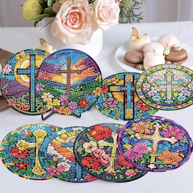 8 Pack Diamond Art Coasters Kits-Cross Diamond Painting Coasters for Adults