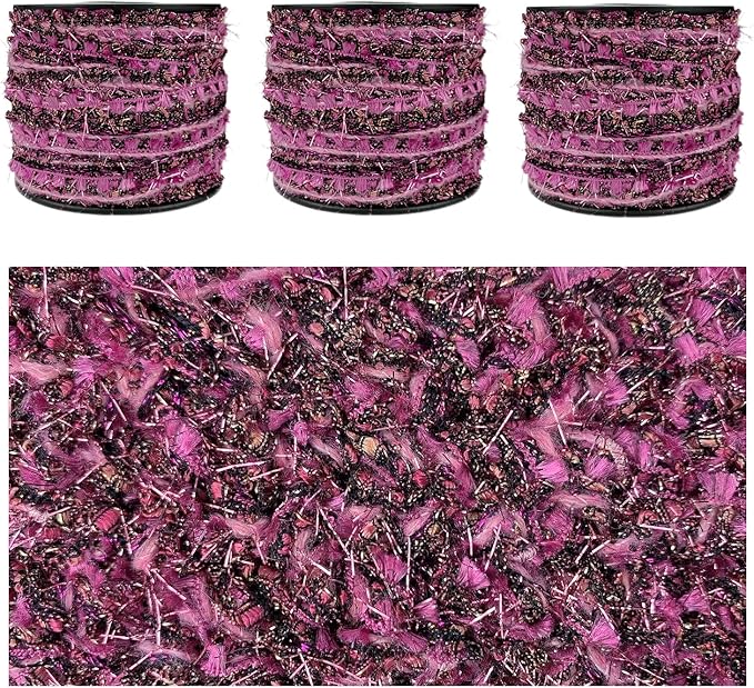 Artisanal Yarn Collection Multifiber Fancy Yarn for Knitting Crocheting Crafts DIY, Set of 3 Rolls (Dark Rose)