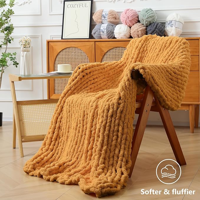 Cozyful Chunky Yarn for Hand Knitting - #10 Chunky Chenille Yarn, Jumbo Big Thick Chunky Yarns for Crocheting, Super Bulky Chunky Knit Blanket Yarns, 8 Skein (22 yds 8 oz Each Skein), Mustard Yellow