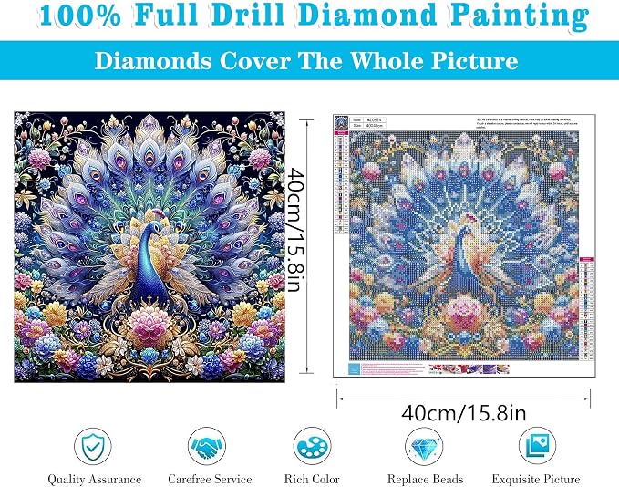 Diamond Art Kits for Adults Colorful Peacock Diamond Painting Kit 16x16in | 5D Peacock Diamond Art Painting Kit for Adult, DIY Full Round Drill Gem Art Diamond Dots Kits for Home Wall Decor Gift