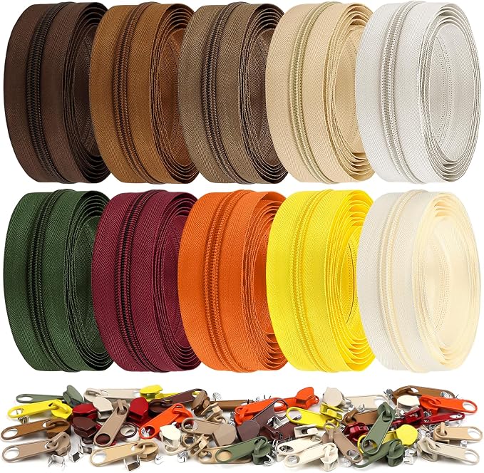 DOITEM 22.2 Yards/ 20 m 10 Pcs Assorted Colors #5 Nylon Coil Zippers, Sewing Zippers Endless Zips with 40 Pieces Zipper Sliders for DIY Sewing Tailor Craft Supplies