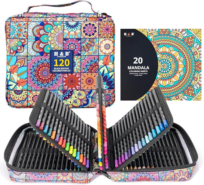 H & B 120 Colored Pencils Set for Adults with 3-Color Coloring Book & Case | Artist Soft Oil-Based Cores, Black Wood, Mandala Coloring for Stress Relief, Portable Drawing Kit with Sharpener & Eraser