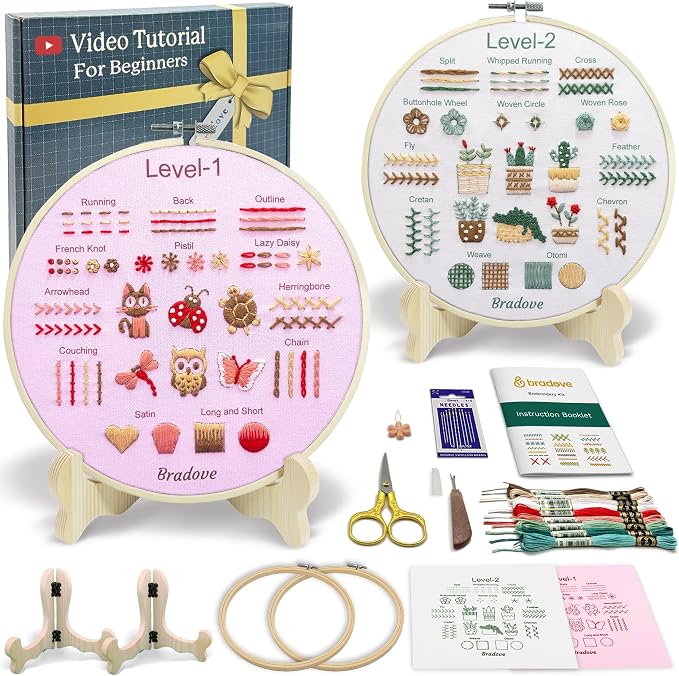 Bradove Beginner Embroidery Kit for Adults and Kids | Hand Embroidery Kit for Beginners with Patterns, Learn to Embroider Kit Adult Beginner, Stitches Practice, Learn to Sew