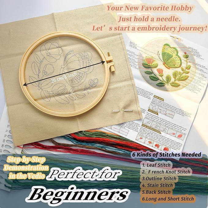 FONNUY Green Plants Embroidery Kit, Cross Stitch Kits for Beginners, Handmade Crafts with Printed Patterns for Beginner Adults, Easy to Follow Color Thread Needlework, 8'' Hoop (Butterfly)