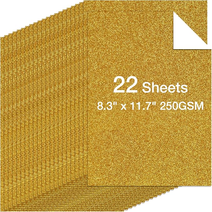 22 Sheets A4 Gold Glitter Cardstock, Premium No-Shed Sparkly Paper for Cricut, Card Making & Scrapbooking, Wedding Decor, 250 GSM Crafts Paper (A4 Size 8.3x11.7in)