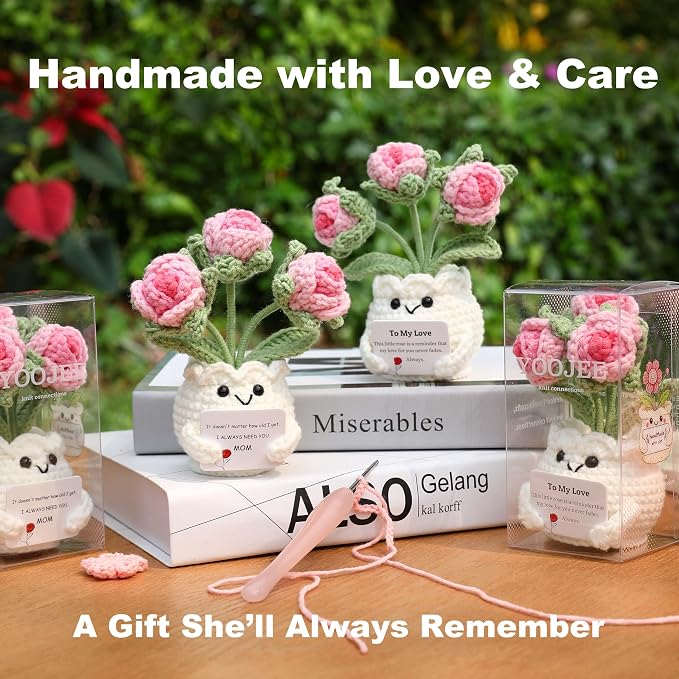 Crochet Rose Gift for Mom – Mothers Day Gifts from Daughter Son, Handmade Pink Rose Flower with Card “I Always Need You, Mom”, Cute Desk Decor, Ready-to-Gift with Clear Box