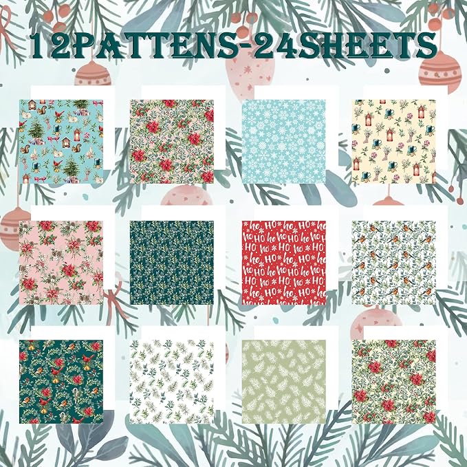 Christmas Pattern Scrapbook Paper, 6 Inch Card Production Supplies, 24 Sheets Single Sided Acid-Free Cardstock Greeting Card, Handmade Gift Journaling Craft Kits (D-style)