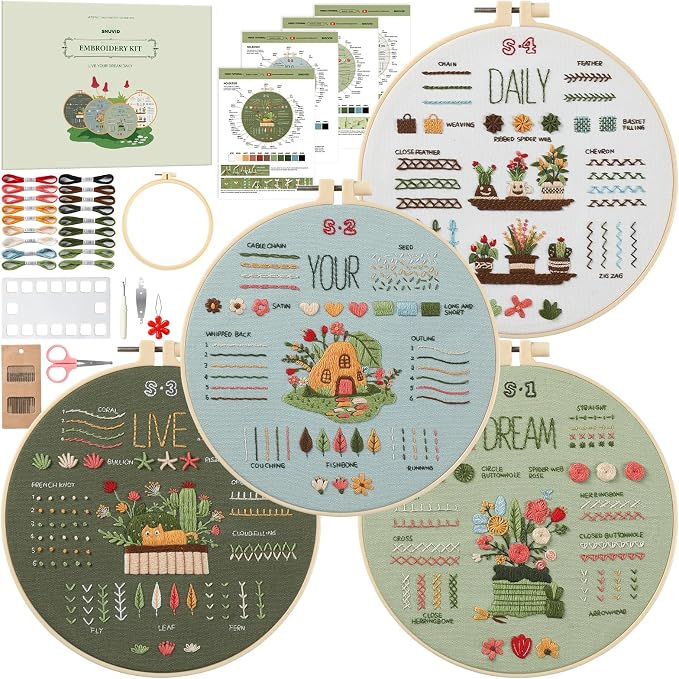 Snuvid Embroidery Kit for Beginners, 4 Stages to Learn 38 Stitches with Step-by-Step Video Tutorials, Pre-Printed Patterns, Embroidery Hoop, Threads and Needles for Adults