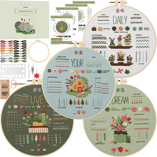 Snuvid Embroidery Kit for Beginners, 4 Stages to Learn 38 Stitches with Step-by-Step Video Tutorials, Pre-Printed Patterns, Embroidery Hoop, Threads and Needles for Adults