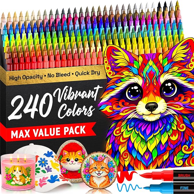ARTISTRO 240 Dual-Tip Acrylic Paint Marker Pens for Drawing | For Fabric, Rock, Glass, Wood, & Molds, Arts & Crafts Gift for Adults, Teens, & Kids, Classroom Must Haves & School Supplies