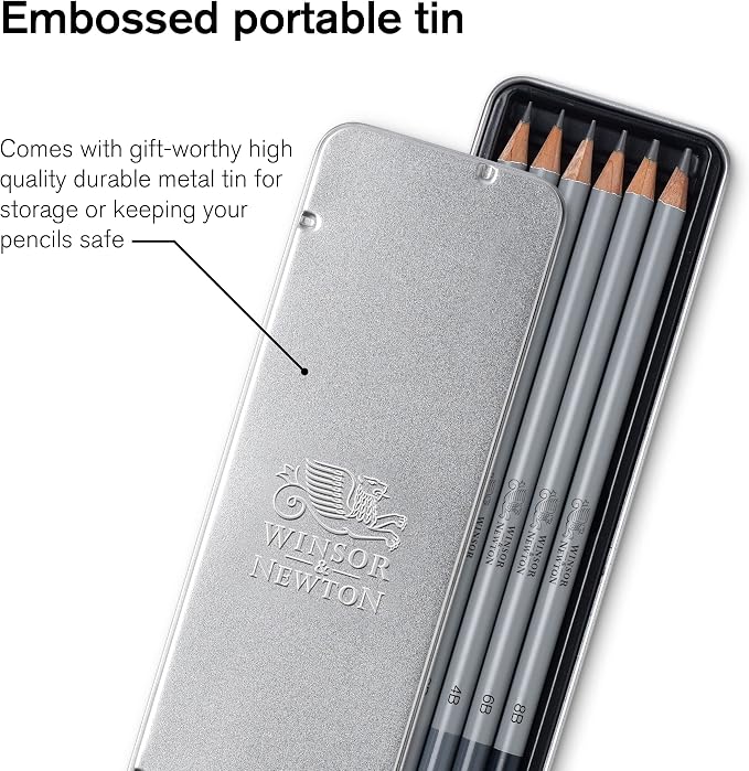 Winsor & Newton Studio Collection, Graphite Pencils, Set of 6 | Soft, Thick Core pencils, Varied Hardness, Soft Smooth Texture, Easy Blending, Stylish Metal Tin Included, High Quality Lead