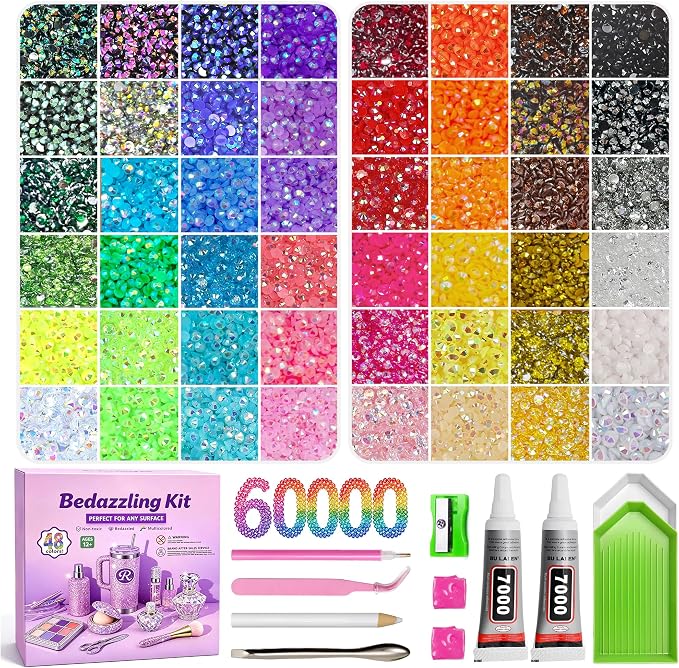 Redtwo 60,000 Pcs 48 Colors Resin Jelly Rhinestones for Bedazzling Kit | 3mm Flatback Rhinestones for Crafting, Bedazzler Kit with 2 x 50ml Glue and Tools, Bedazzling Gems for Clothes, Books & Shoes