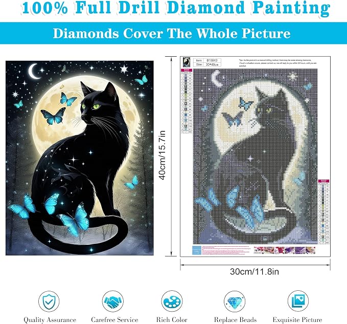Meothan Diamond Art Kits for Adults Black Cat Diamond Painting Kit 12x16in | 5D Moon Cat Diamond Art Painting Kit for Adult, DIY Full Round Drill Gem Art Diamond Dots Kits for Home Wall Decor Gift
