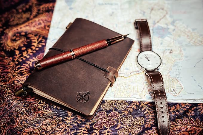 WANDERINGS Pocket Travelers Notebook – Refillable Genuine Leather Passport Size Journal – 4" x 5.25" (10 x 13.5cm) – Handcrafted – 80 GSM Blank Inserts – Small Travel Journal