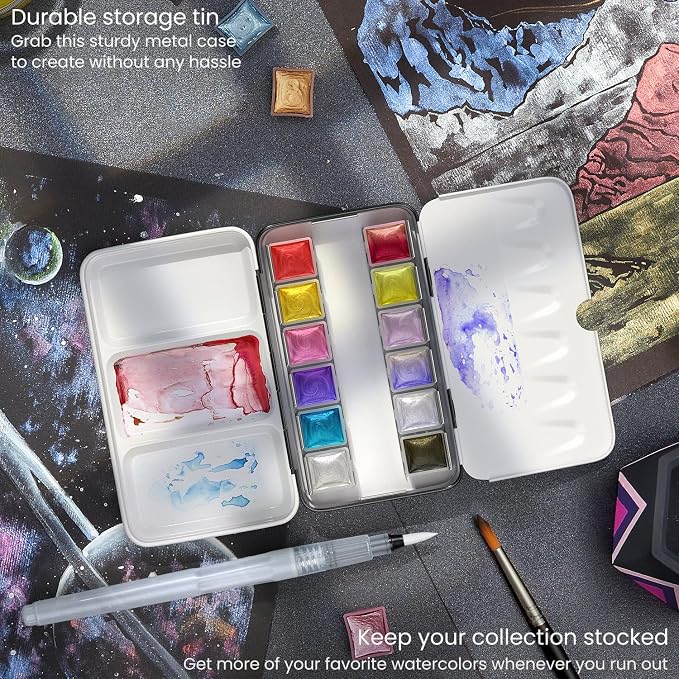 ARTEZA Metallic Watercolor Paint Set – 12 Iridescent Half Pans, Compact Travel Palette with Brush for Painting, Journaling & Mixed Media