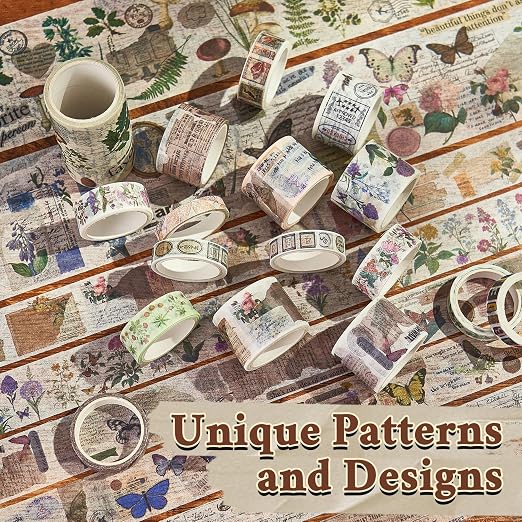 Vintage Washi Tape Set 24 Rolls,Decorative Masking Tape for Junk Journal,Scrapbooking Supplies,DIY Crafting Supplies
