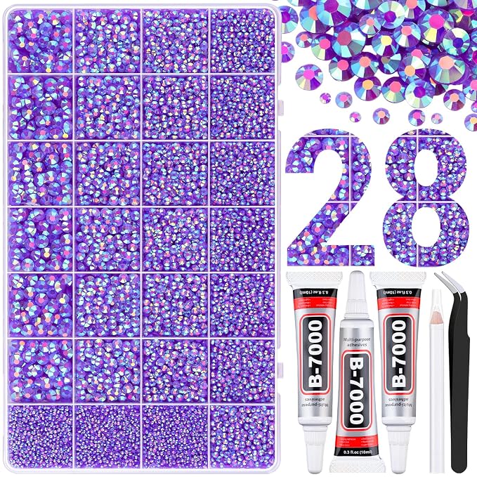 30000Pcs Resin Rhinestones for Bedazzling with Tweezers, Dark Purple AB Rhinestones for Crafting with 3Pcs 10ml B7000 Jewelry Glue for DIY Crafts Clothing Tumblers Shoes Fabric Nail Art