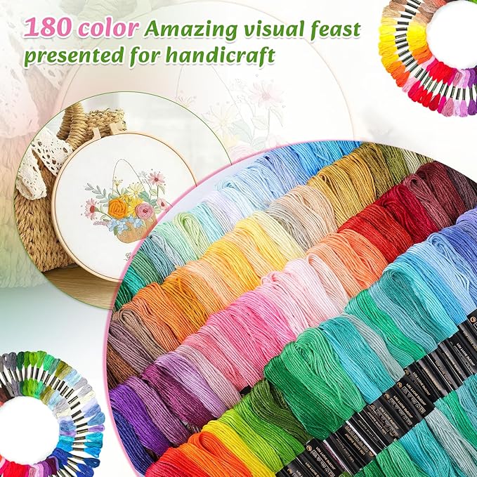 LOVIMAG Embroidery Thread 180pcs Friendship Bracelet String Floss Kit Yarn | Hair Wrap Shirt Lanyard Patterns Crochet Craft Threads Supplies Cross Stitch Sewing Needlepoint Thin Rainbow Beginners