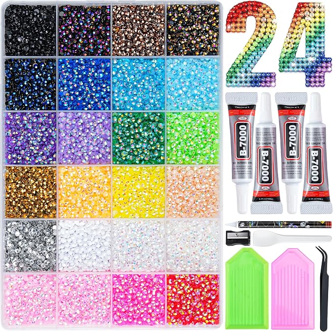 30000 Pcs Resin Jelly Rhinestones Kit, Multicolor 4mm Flatback Rhinestones with 4 Pcs B7000 Jewelry Glue & Tools, All-in-One Bedazzling Kit for DIY Arts & Crafts Gifts