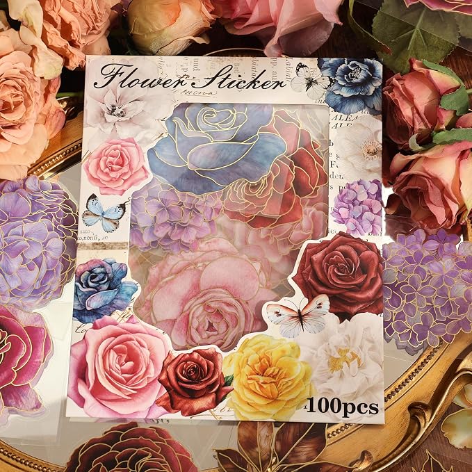 emmoolife Pressed Flower Stickers Set (100 PCS) Large Dried Flowers Themed Resin Sticker Decals Floral Botanical Journaling Stickers for Scrapbook Supplies Bullet Junk Journal Bottles Planner Laptops