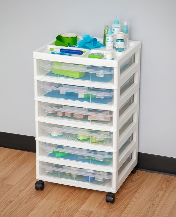 IRIS USA Rolling Cart with Drawers |Made in USA| 6-Tier Cases - White/Clear