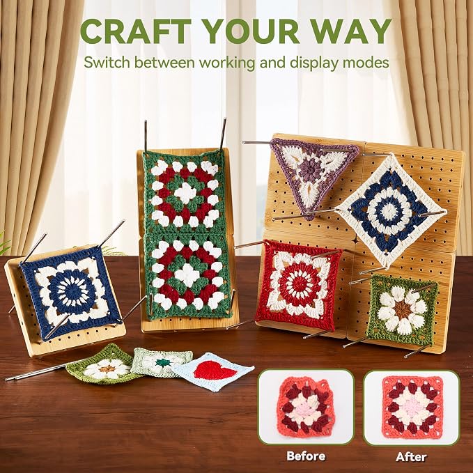 4-Pack 4.7" Assembled Crochet Blocking Boards for Granny Square with Pins | With 25 Steel Pins Pegs, Assembles into 9.4" Standable Blocking Board for Crocheting and Knitting,Gifts for Crocheter