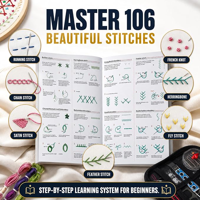 Embroidery Kit for Beginners | Video Tutorial, 3pcs Hoops, 106 Patterns, 65 Water Soluble Designs, 86PCS Sewing Supplies Set | Cross Stitch Book Kit | DIY Needlework Starter Craft Gift for Adults